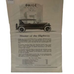 Vintage 1922 Paige Master of the Highway Ad Advertisement